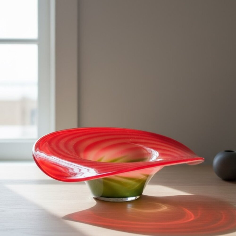 JACK IN THE PULPIT Collectible Art Glass Bowl Red White & Green Swirl Design